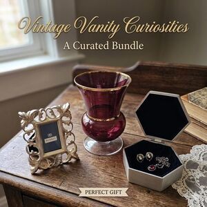 Vintage Vanity Set | Gold Rim Cranberry Glass Vase, Silver Frame, Trinket Box